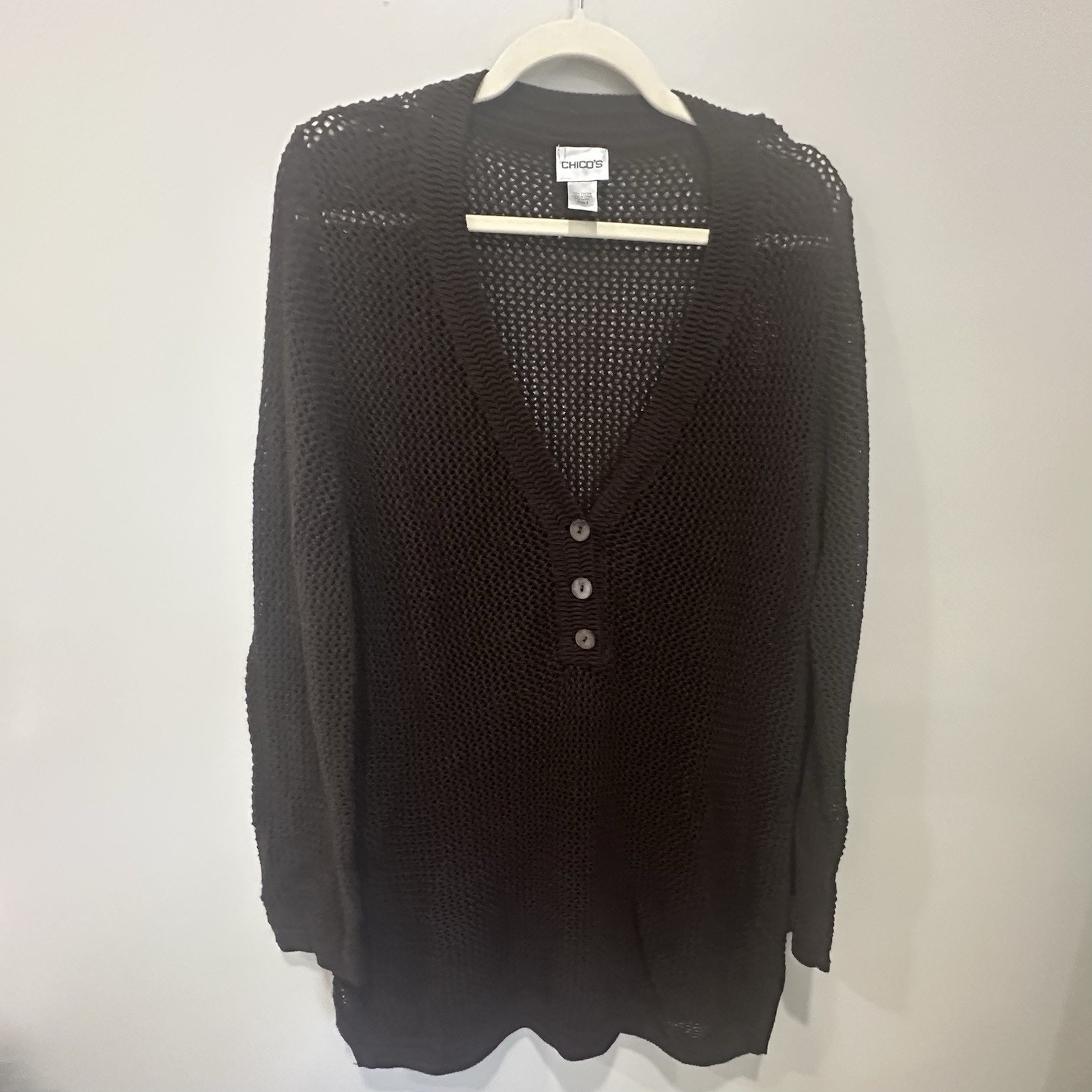 Chico’s Open Knit V Neck 3 Button Sweater Womens Size 3 Us Xl Brown